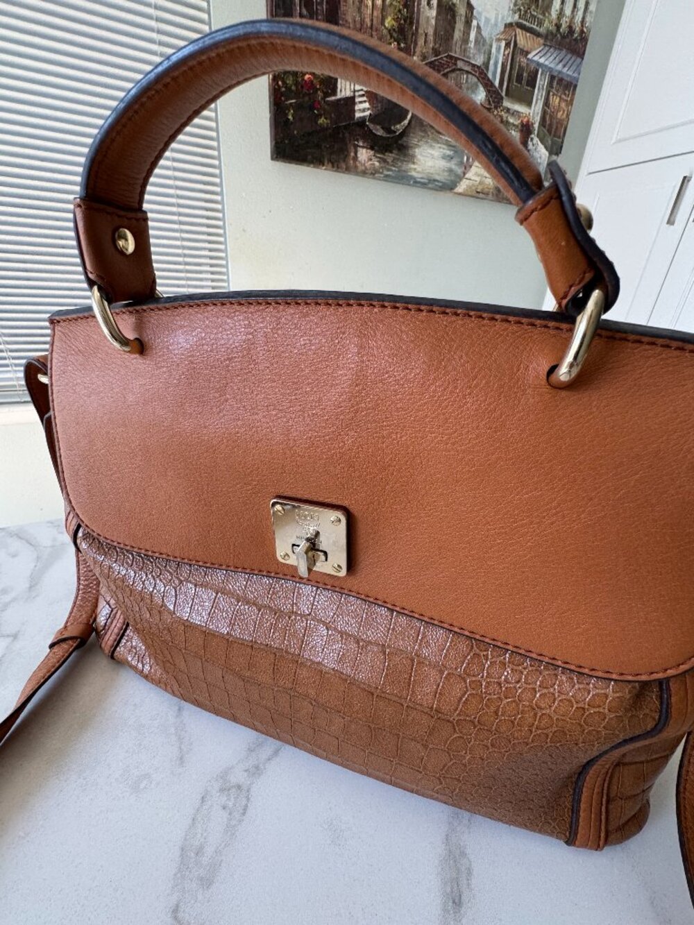 MCM Verona Croc-Embossed Mixed Leather Satchel - Cognac